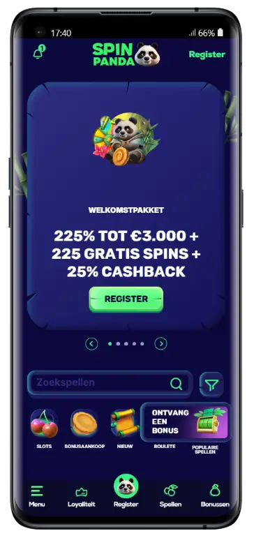 Startscherm van de Spin Panda mobiele app met een panda-mascotte, welkomstpakket van 225% tot €3.000 + 225 gratis spins + 25% cashback en navigatiecategorieën zoals slots, roulette en populaire spellen