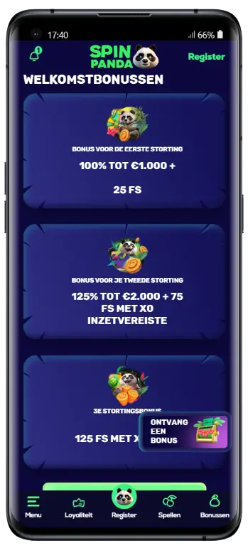 Spin Panda mobiele app met drie welkomstbonussen: 100% tot €1.000 + 25 FS voor de eerste storting, 125% tot €2.000 + 75 FS voor de tweede storting en een derde stortingsbonus met 125 FS