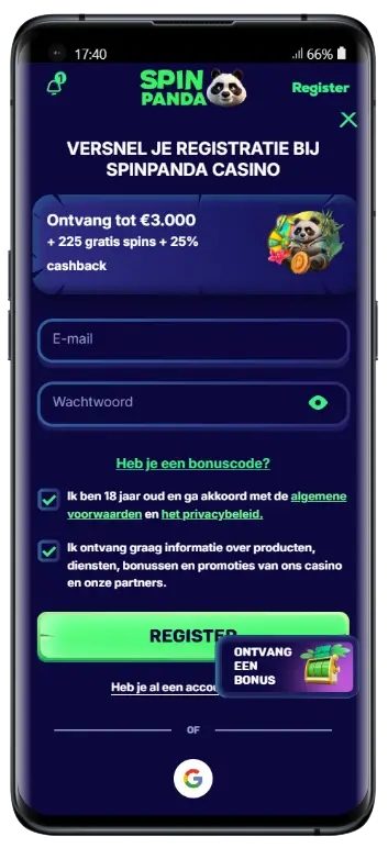 Registratieformulier van Spin Panda Casino met velden voor e-mail en wachtwoord, een bonusaanbieding van €3.000 + 225 gratis spins + 25% cashback en een groene registerknop