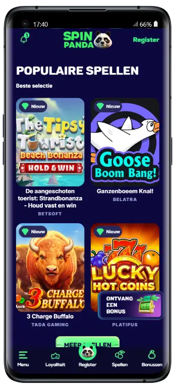 Overzicht van populaire spellen in de Spin Panda app met vier nieuwe slots: The Tipsy Tourist van Betsoft, Goose Boom Bang van Belatra, 3 Charge Buffalo van Tada Gaming en Lucky Hot Coins van Platipus